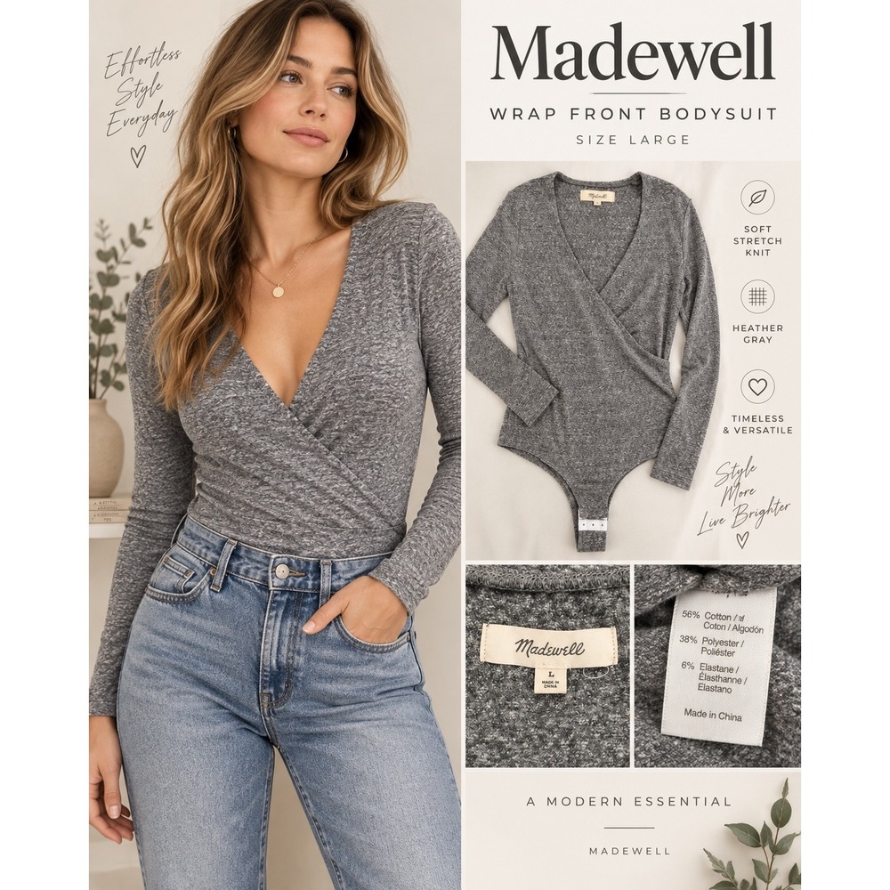 Madewell Gray Wrap Front Bodysuit Large Long Sleeve Stretch Knit Minimalist
